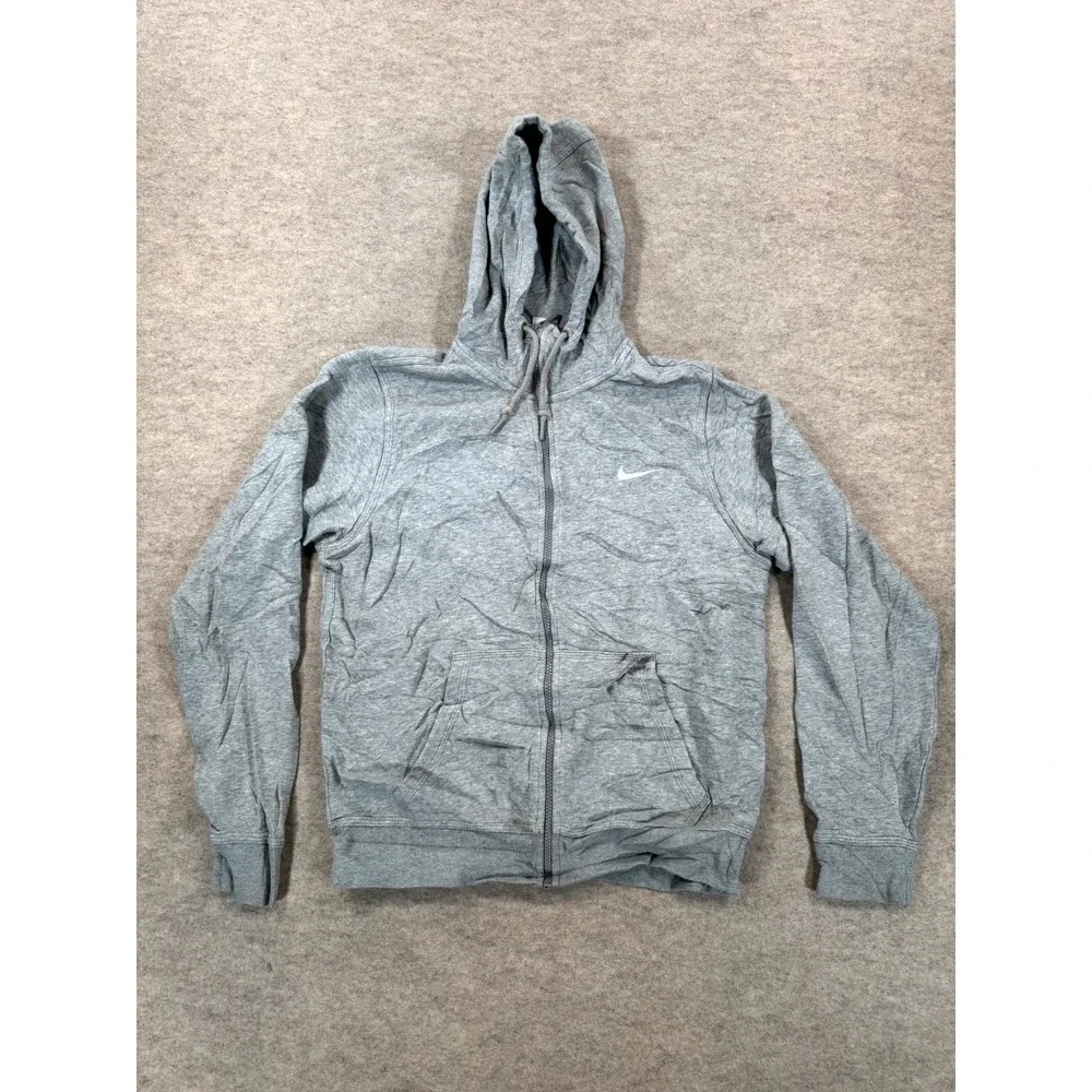 Nike Hoodie Mens Small Gray Fleece Lined Swoosh Logo Kangaroo Pockets Full Zip